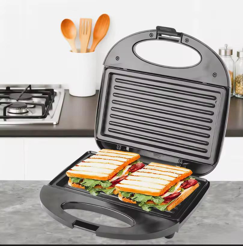 Prajitor de paine tip grill, 750W, suprafata antiaderenta, pentru sandwich-uri, panini si tortilla, negru