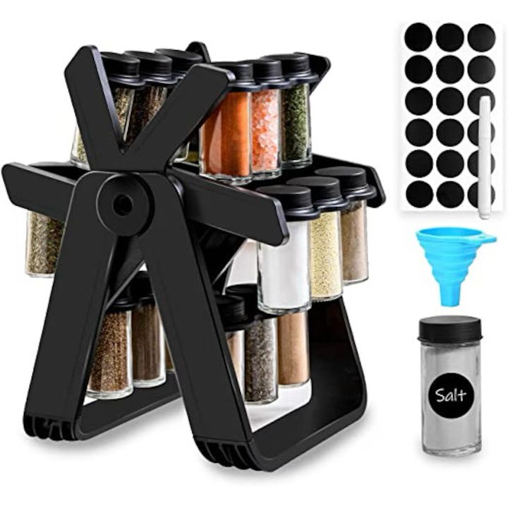 Suport condimente rotativ 18PCS, negru, dimensiuni 30x20x10cm, design pliabil