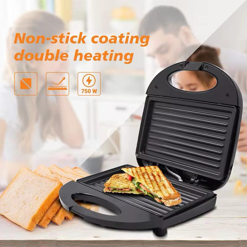 Prajitor de paine tip grill, 750W, suprafata antiaderenta, pentru sandwich-uri, panini si tortilla, negru