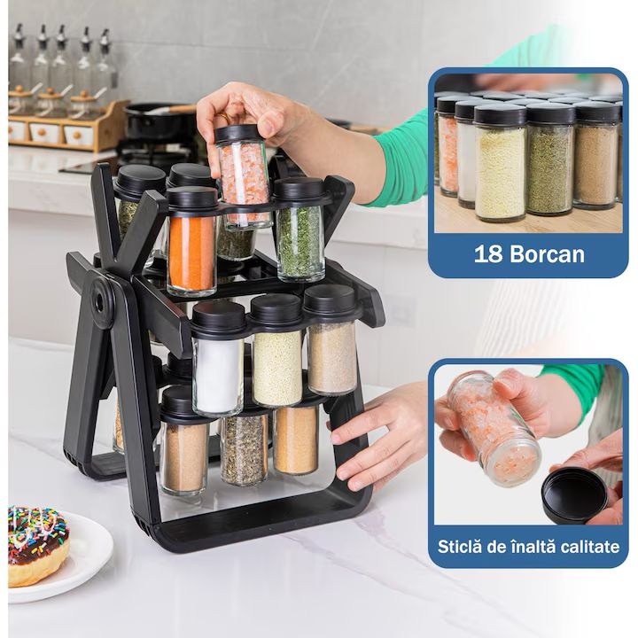 Suport condimente rotativ 18PCS, negru, dimensiuni 30x20x10cm, design pliabil
