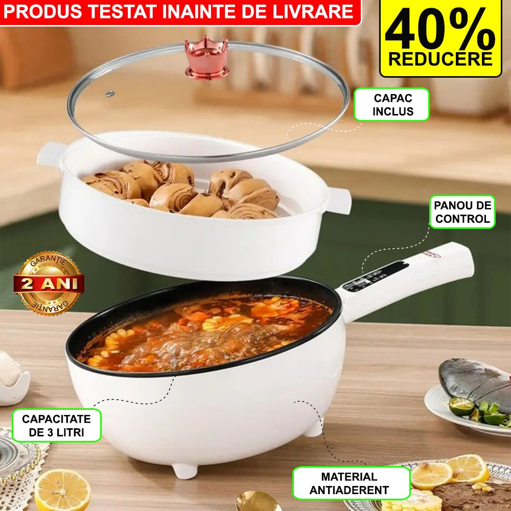 Tigaie electrica 3.5L, 1000W, antiaderenta, cu capac din sticla