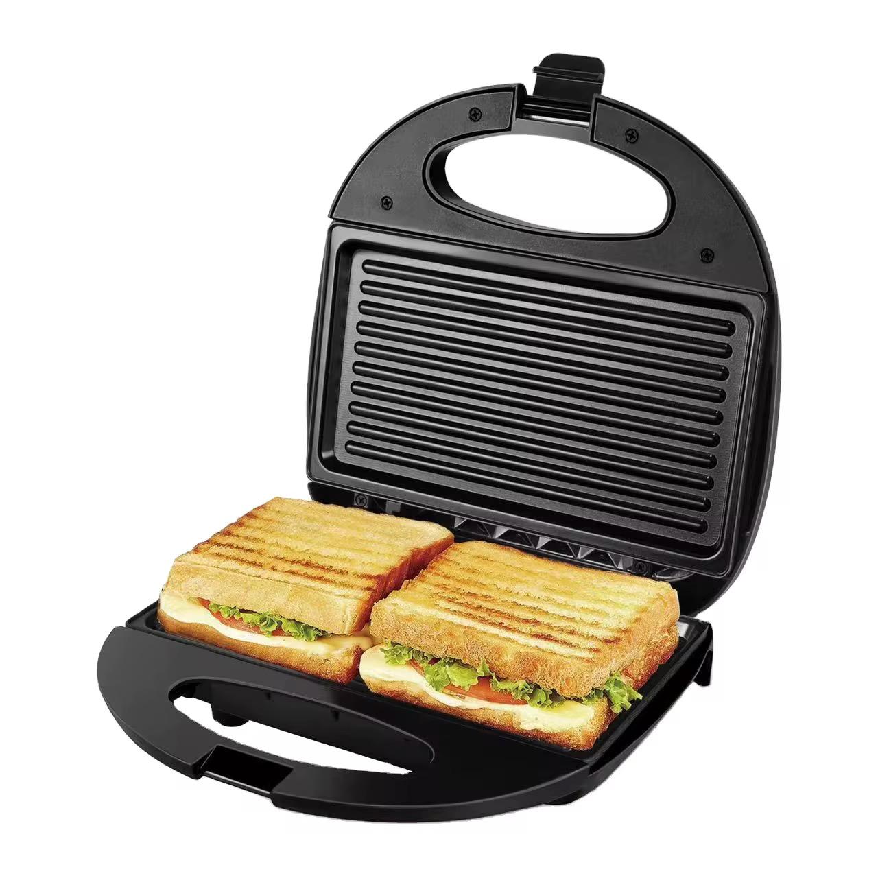 Prajitor de paine tip grill, 750W, suprafata antiaderenta, pentru sandwich-uri, panini si tortilla, negru
