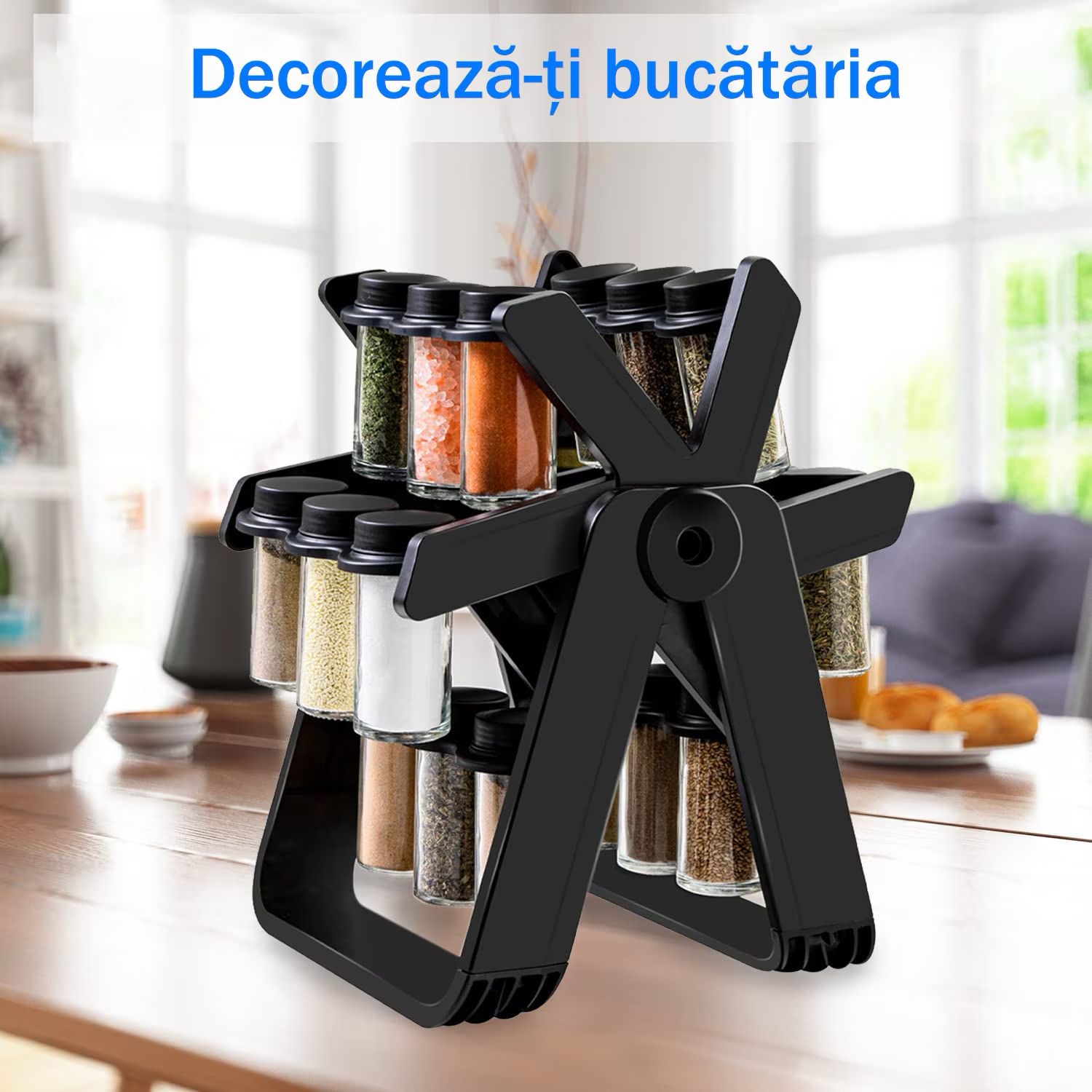 Suport condimente rotativ 18PCS, negru, dimensiuni 30x20x10cm, design pliabil