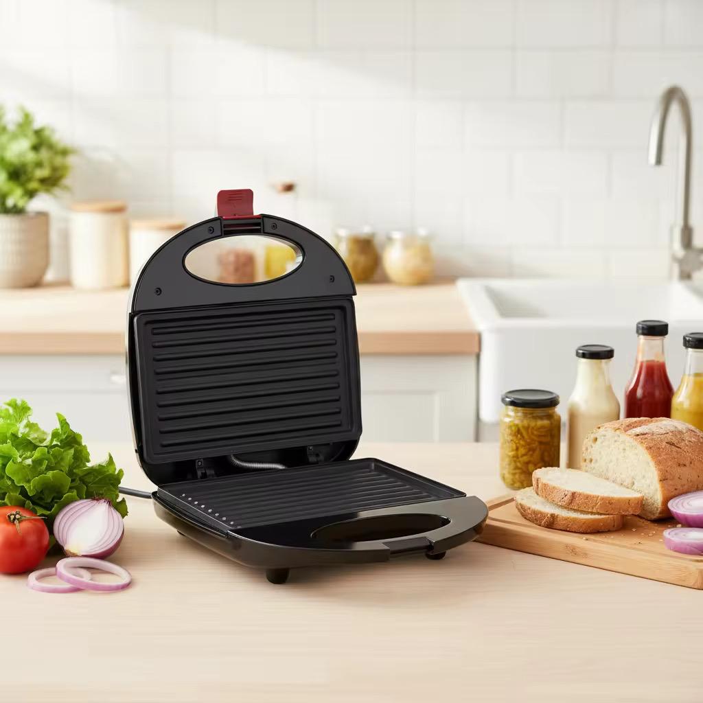 Prajitor de paine tip grill, 750W, suprafata antiaderenta, pentru sandwich-uri, panini si tortilla, negru