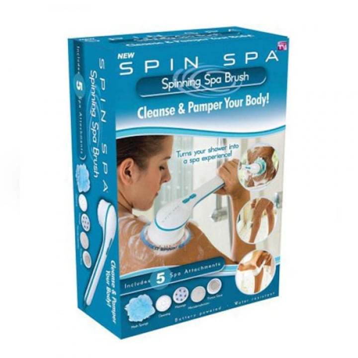 Perie rotativa pentru corp, Spin Spa, Plastic, 5 accesorii, Alb/Albastru