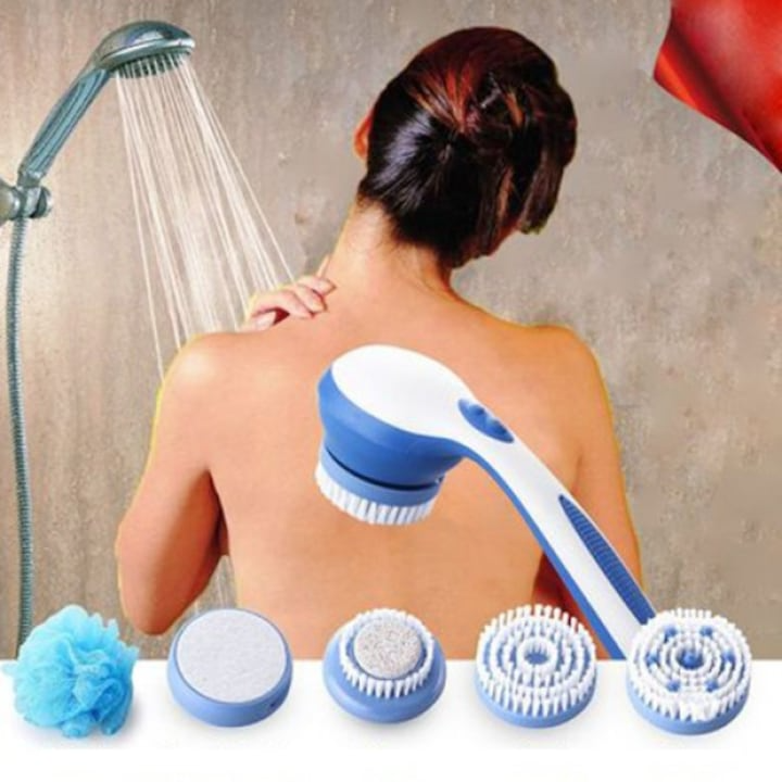 Perie rotativa pentru corp, Spin Spa, Plastic, 5 accesorii, Alb/Albastru