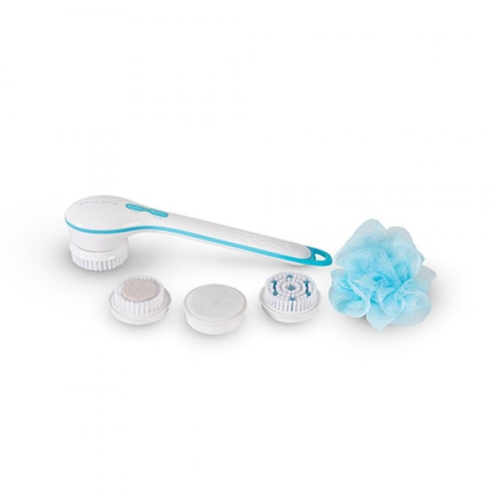 Perie rotativa pentru corp, Spin Spa, Plastic, 5 accesorii, Alb/Albastru