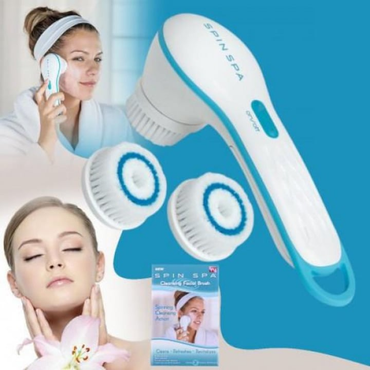 Perie rotativa pentru corp, Spin Spa, Plastic, 5 accesorii, Alb/Albastru