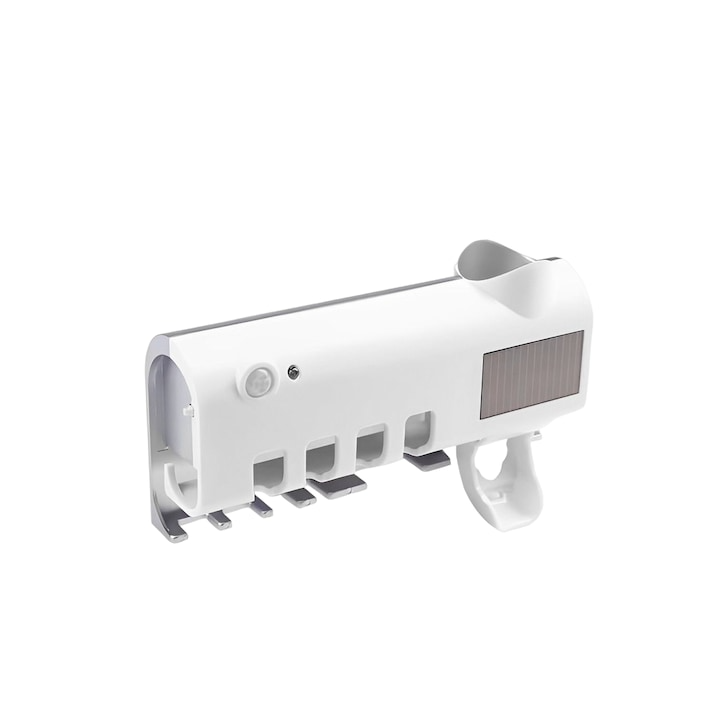 Dozator pentru pasta de dinti cu alimentare solara si sterilizator UV pentru periute alb