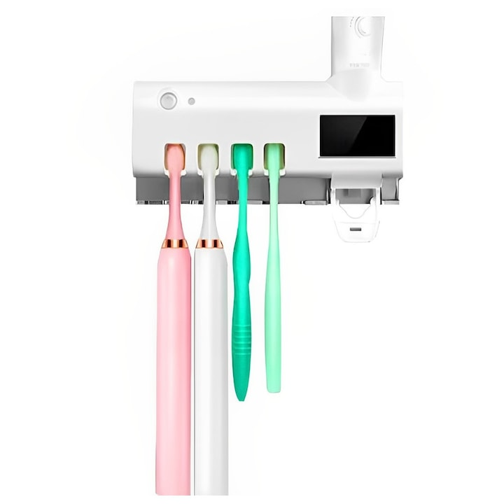 Dozator pentru pasta de dinti cu alimentare solara si sterilizator UV pentru periute alb