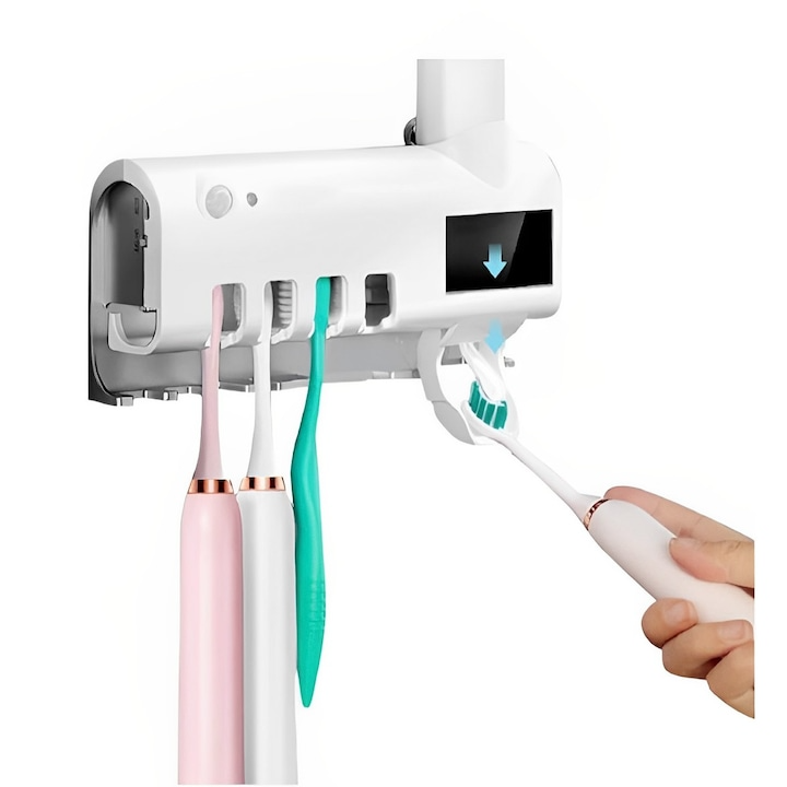 Dozator pentru pasta de dinti cu alimentare solara si sterilizator UV pentru periute alb